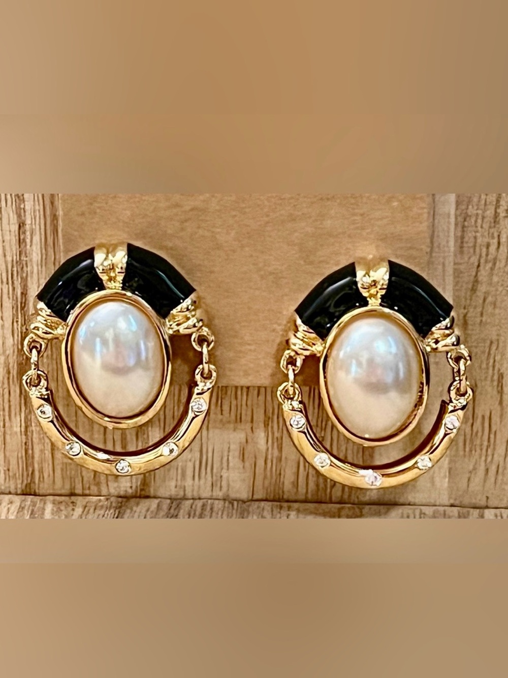 VTG André Courrèges Paris 80s Gold Black Pearl Door Knocker Clip On Earrings
